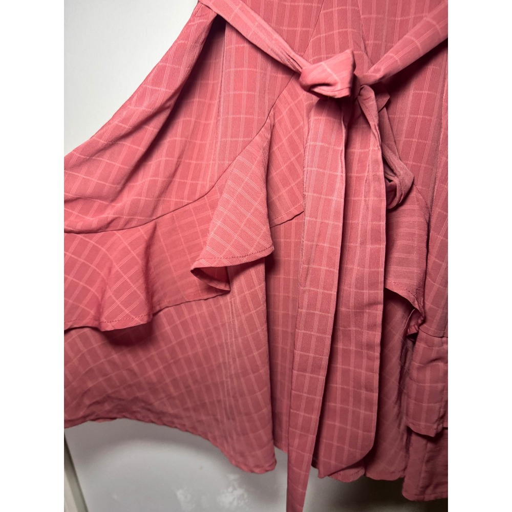 Altar'd State Pink Grid Ruffle Mini Dress Puff Sleeve Surplice Wrap 26BX54FCLI M - Picture 5 of 6